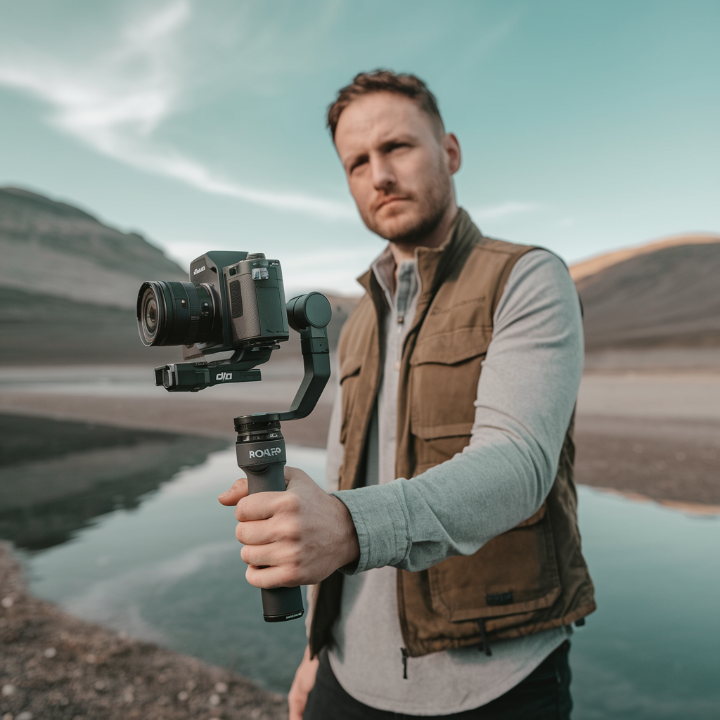 a man holding a camera Gimbel